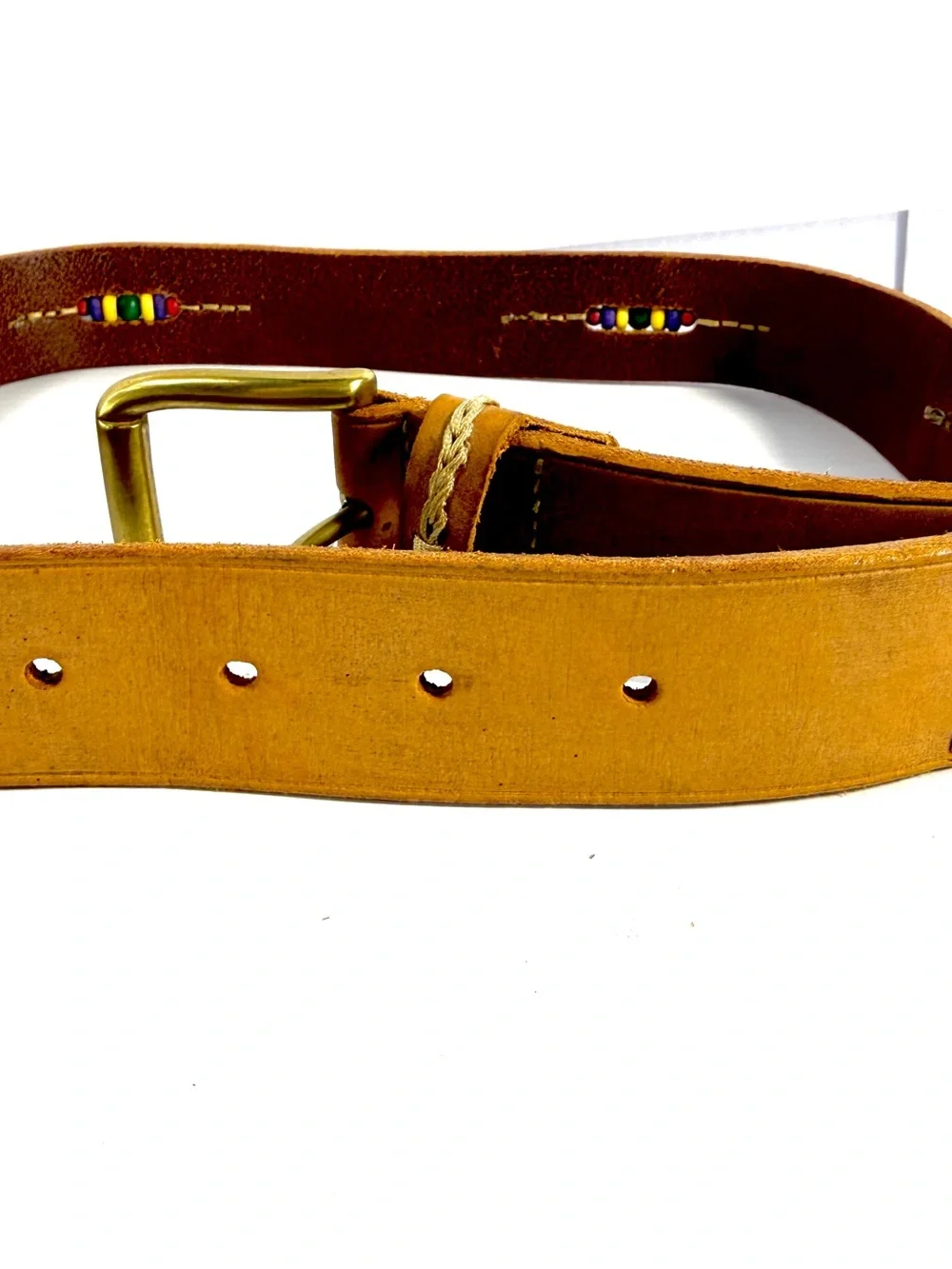 Womens Tan Leather Belt with Color Beading Inlay and Brass Buckle 32”